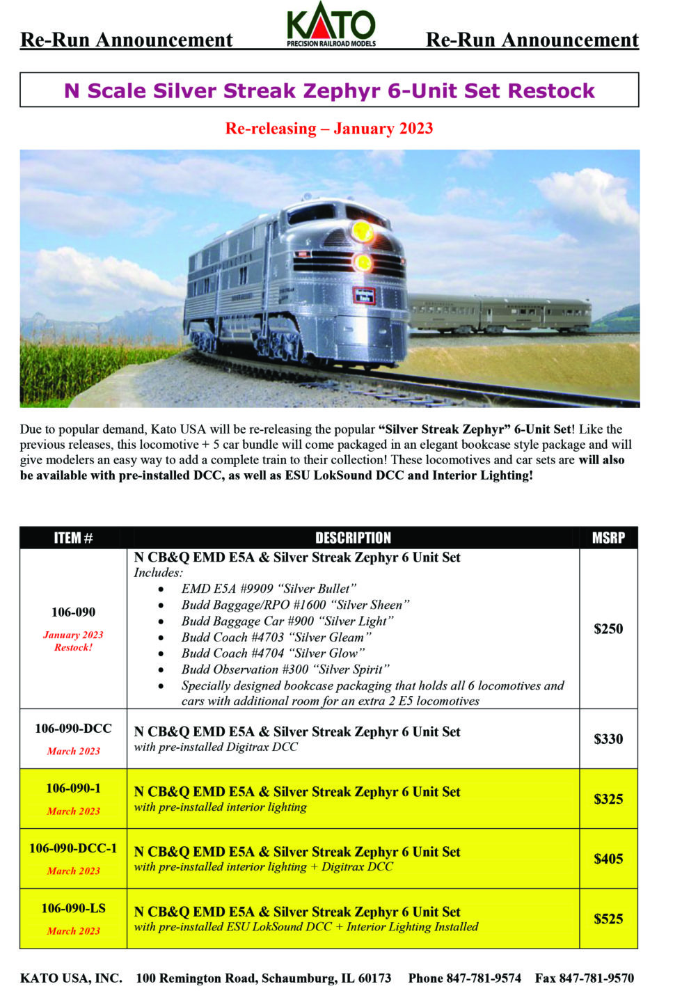 Silver Streak Zephyr 6Unit Set N Scale Model Trains Fifer Hobby Supply